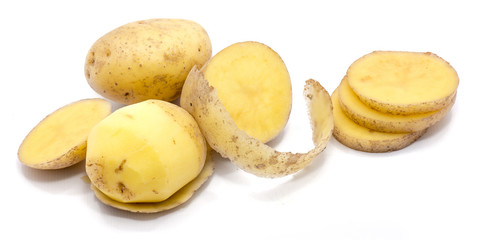 Sliced and peeled potatoes isolated on white background.