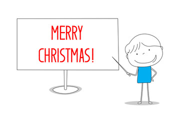 Boy showing Merry Christmas on white board, cartoon style illustration