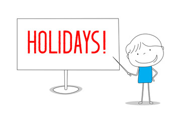 Boy showing Holidays on white board, cartoon style illustration