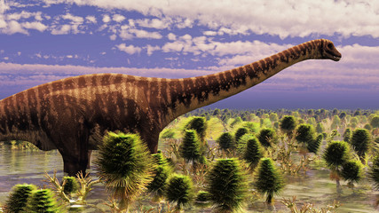 Prehistoric landscape with big diplodoc 3d rendering © satori