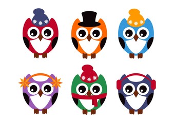 Cute owls set. Six owls on a white background. Vector illustration.