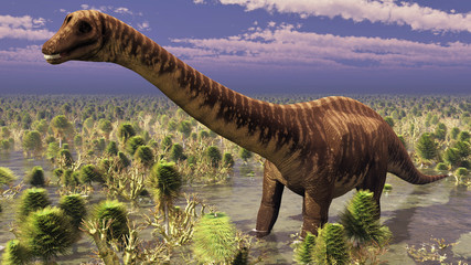 Prehistoric landscape with big diplodoc 3d rendering © satori