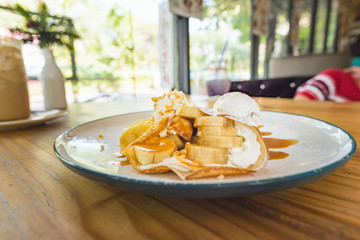 Fresh baked caramel banana crepe