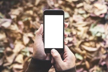 A man hand holding smart phone. mobile with blank screen and can be add your texts or others.