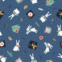 Christmas and New Year background. Seamless pattern with christmas tree, gift boxes, white rabbits and poinsettia. All elements are hidden under mask. Pattern are not cropped and can be edited.