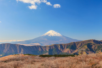 Mountain Mt. Fuji at owakudani, sulfur quarry in Hakone, Japan