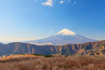Mountain Mt. Fuji at owakudani, sulfur quarry in Hakone, Japan