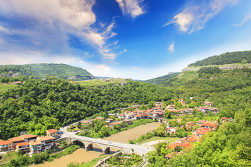 Beautiful view of the ancient fortress Tsarevets in the mountains, in Veliko Tirnovo, Bulgaria