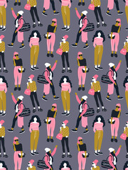 Fashionable young women in casual style on the grey background.  Vector hand drawn stylish seamless pattern with girls. Bright fabric design.