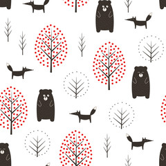 Bear, fox and trees seamless pattern on white background. Simple scandinavian style nature illustration. Cute forest with animals design for textile, wallpaper, fabric. - 180597637