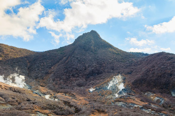 Fototapeta na wymiar Mountain Mt. Fuji at owakudani, sulfur quarry in Hakone, Japan