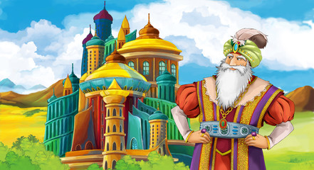 cartoon scene with king standing in front of some castle illustration for the children 