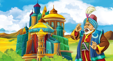 cartoon scene with happy young boy - prince standing near the castle - illustration for children