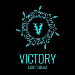 Round emblem with the letter V on black background. Elegant floral monogram template Design. Vector simple logo for restaurant, hotel, jewelry.  invitations on Wedding