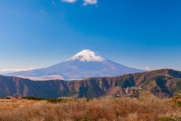 Mountain Mt. Fuji at owakudani, sulfur quarry in Hakone, Japan