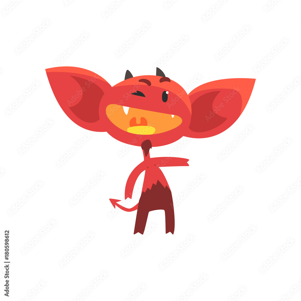 Poster funny red devil with little horns, big ears and tail with arrow tip end. cartoon fictional character