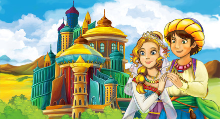 cartoon scene with young prince and princess near medieval beautiful castle - illustration for children