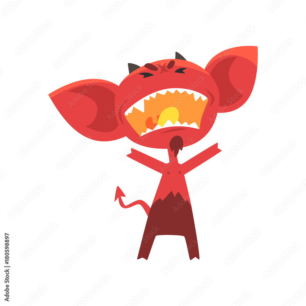 Poster furious red devil with horns, big ears and tail. fictional character from hell in flat style