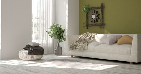 Idea of green minimalist room with sofa. Scandinavian interior design. 3D illustration