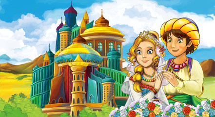 cartoon scene with young prince and princess near medieval beautiful castle - illustration for children