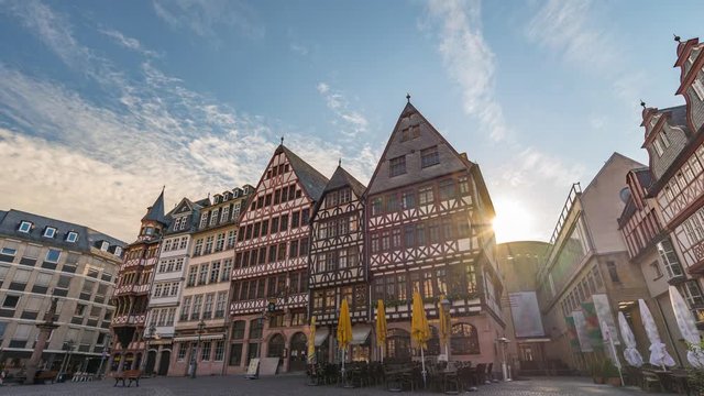 Frankfurt city skyline sunrise timelapse at Romer Town Square, Frankfurt, Germany 4K Time lapse