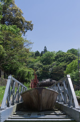 Boat on the river bank.A boat on a cradle at Keage boat bank of Lake Biwa Canal, Kyoto, Japan.