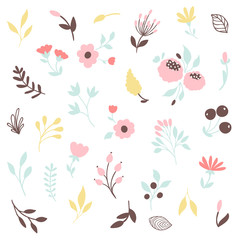 Floral set of branches, flowers and leaves. Isolated vector elements - 180599275