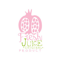 Fresh juice original product logo template, pomegranate juice label, eco product element, colorful hand drawn vector Illustration