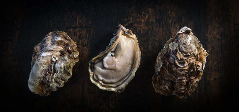 Opened oysters on stone slate plate with lemon and knife