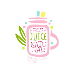 Natural fresh juice logo template, drinks label, eco product badge, menu element, colorful hand drawn vector Illustration