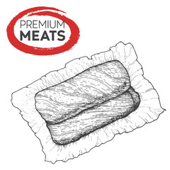 Meat on paper. Bavette hand drawn vector illustration. Design sketch element.