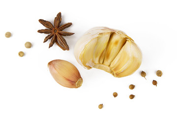 Spice and garlic food herb isolated white background
