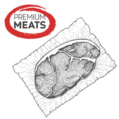 Meat on paper. Sirloin hand drawn vector illustration. Design sketch element.