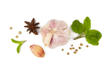 Garlic and spice on isolated white background