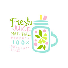 Fresh juice 100 percent natural product logo template, multifruit juice label, eco product element, colorful hand drawn vector Illustration