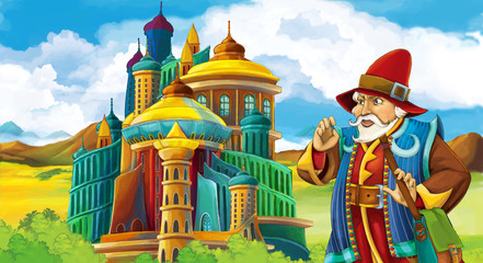 cartoon scene with young prince near medieval beautiful castle - illustration for children
