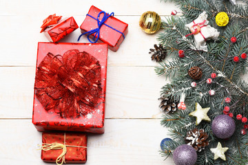 Winter time and New Year card concept. Present boxes