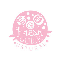 Natural fresh juice logo, drinks label in pink colors, eco product badge, menu element colorful hand drawn vector Illustration