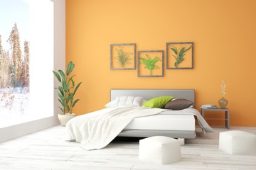 Idea of orange minimalist bedroom. Scandinavian interior design. 3D illustration