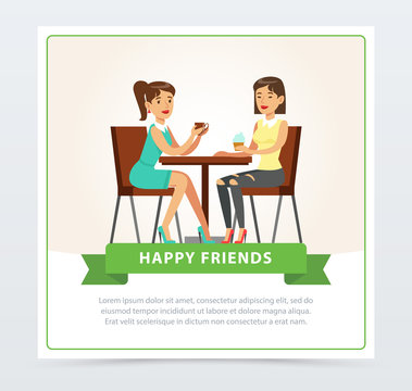 Best female friends drinking coffee in cafe, happy friends banner flat vector element for website or mobile app