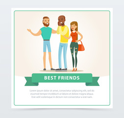 Tree friends having fun at meeting, best friends banner flat vector element for website or mobile app
