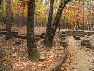 Stone pathway in the woods, October colors