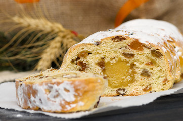 Traditional Christmas stollen German festive dessert.