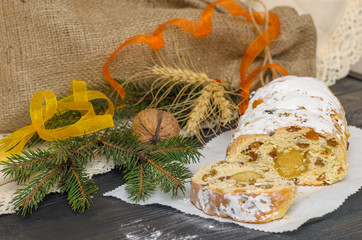 Traditional Christmas stollen German festive dessert.