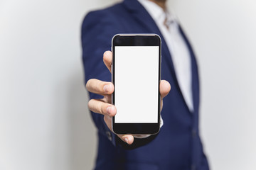 Business man holding phone show screen isolated application statistics income finance of company help check money