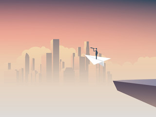 Business visionary flying on paper plane vector concept with cityscape background. Symbol of business vision, strategy, plan, ambition, motivation.