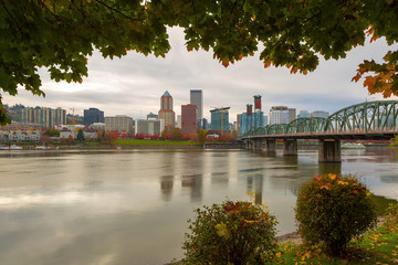 Portland OR City Skyline Framed by Fall Foliage USA America 