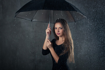 beautiful girl photo under the umbrella during rain on a dark background