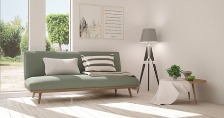 Idea of white room with sofa and summer landscape in window. Scandinavian interior design. 3D illustration