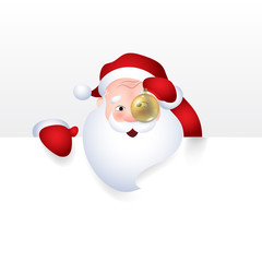 Vector illustration of Santa Claus with christmas ball cartoon character emotion cheerful for a blank sign, web header page.